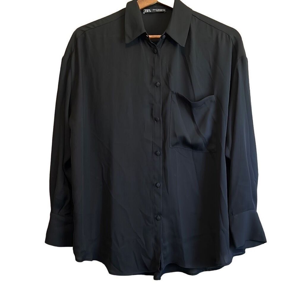 Zara Black Button-Up Short Sleeve Blouse
